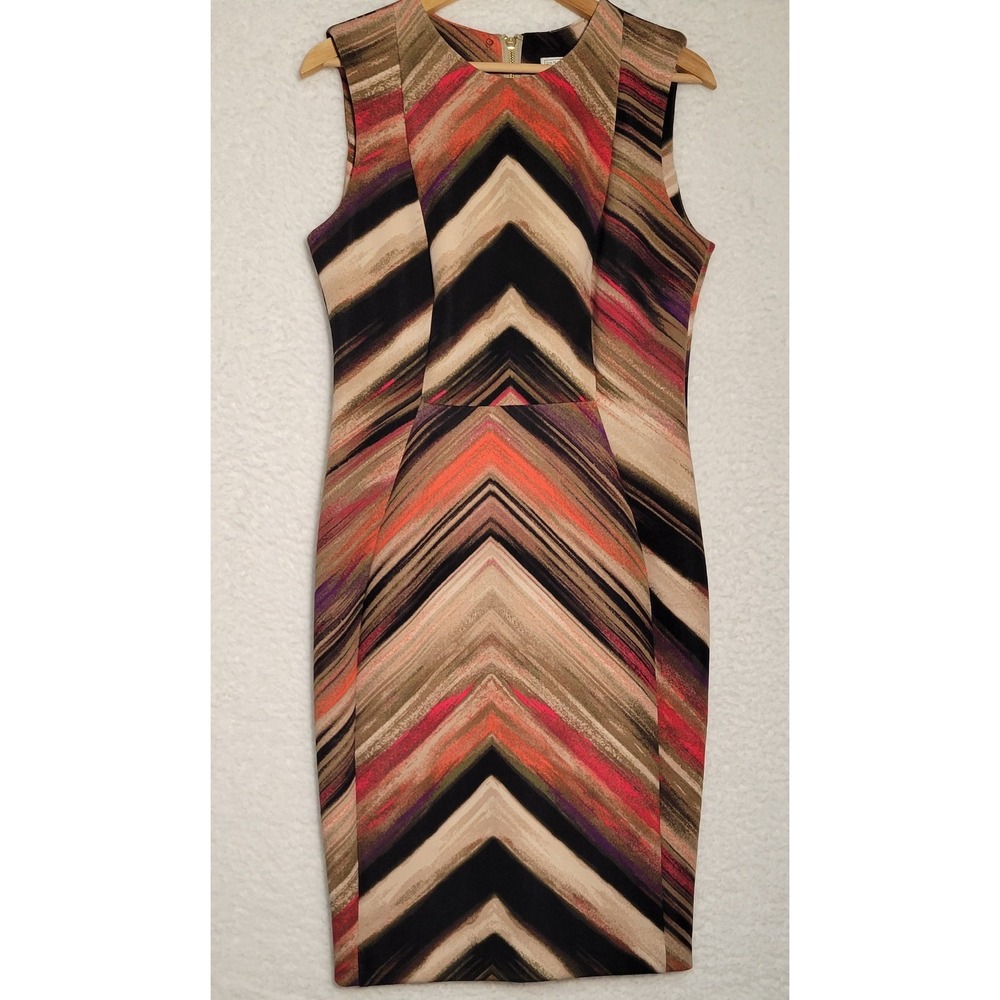 Dana Buchman Dress‎ Chevron Sleeveless Midi Orange Brown Size 10 Womens 0292